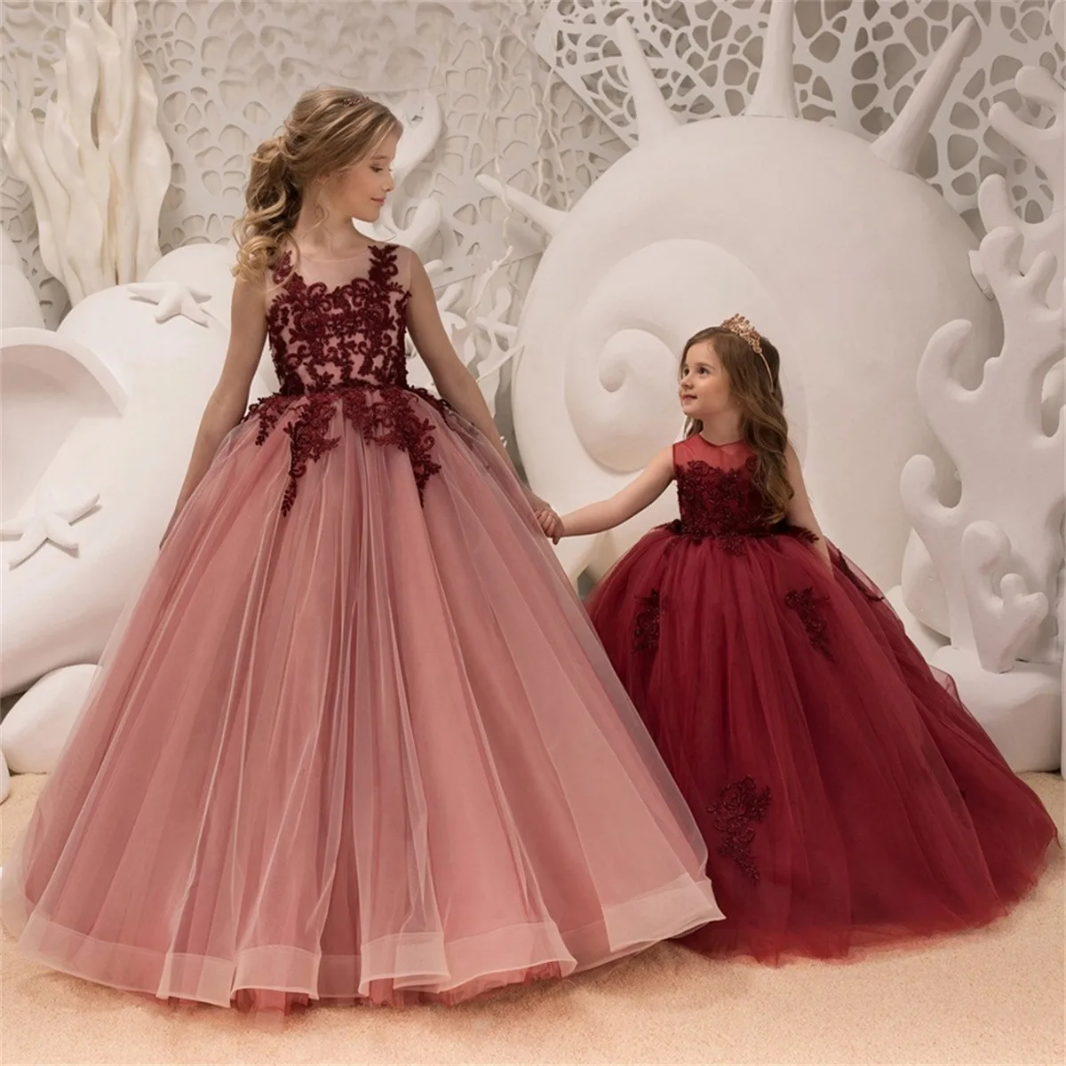 Red Applique Tulle Fluffy Flower Girl Dress For Wedding Sleeveless Kids Princess Birthday Party First Communion Ball Gowns