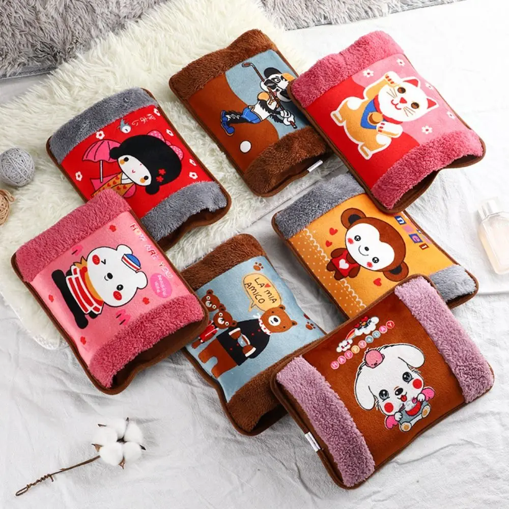 

Flannelette Electric Hot Water Bottle EU Plug Random Color Hand Warmer Explosion-Proof Cartoon Pattern Winter Heated Bag