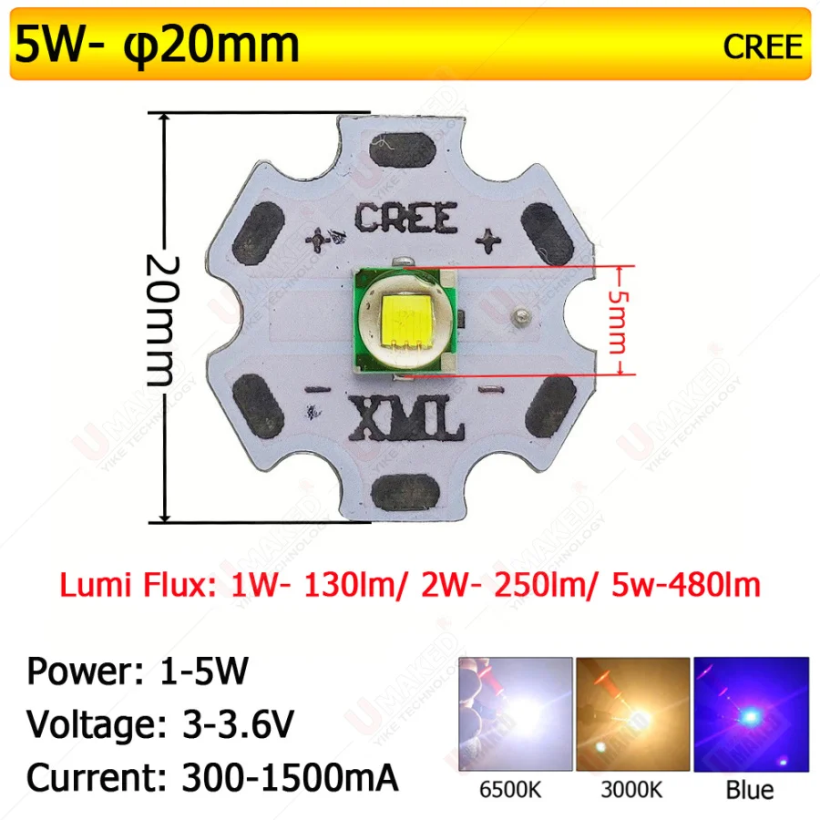5個入り 5W CREE T6 LED光源 ホワイト/WW/B/UVライトパワーLEDチップ 