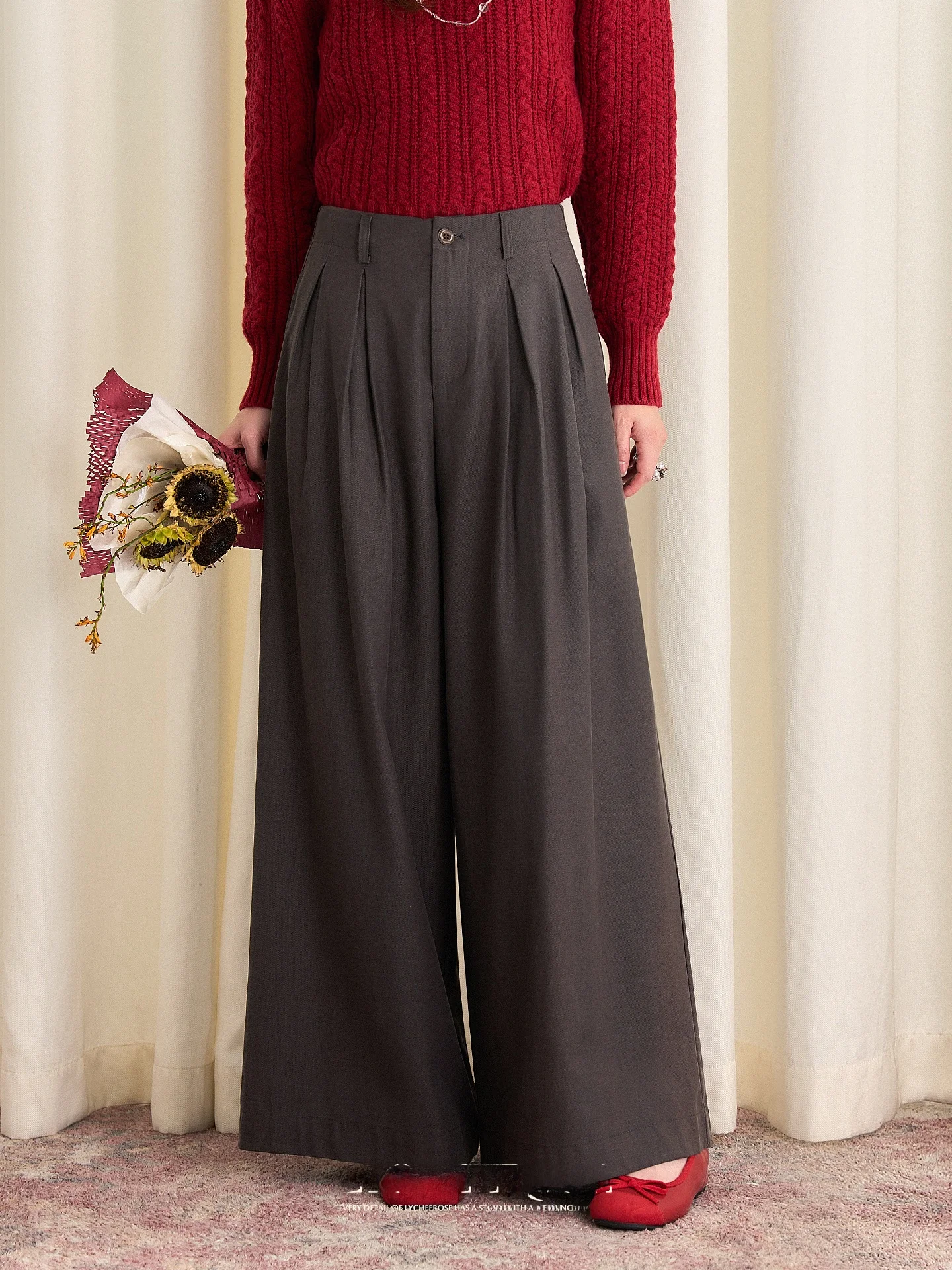 

Брюки Lycheerose: свободные прямые широкие брюки для женщин, осенне-зимние повседневные брюки, струящиеся длинные брюки с высокой талией на пуговицах