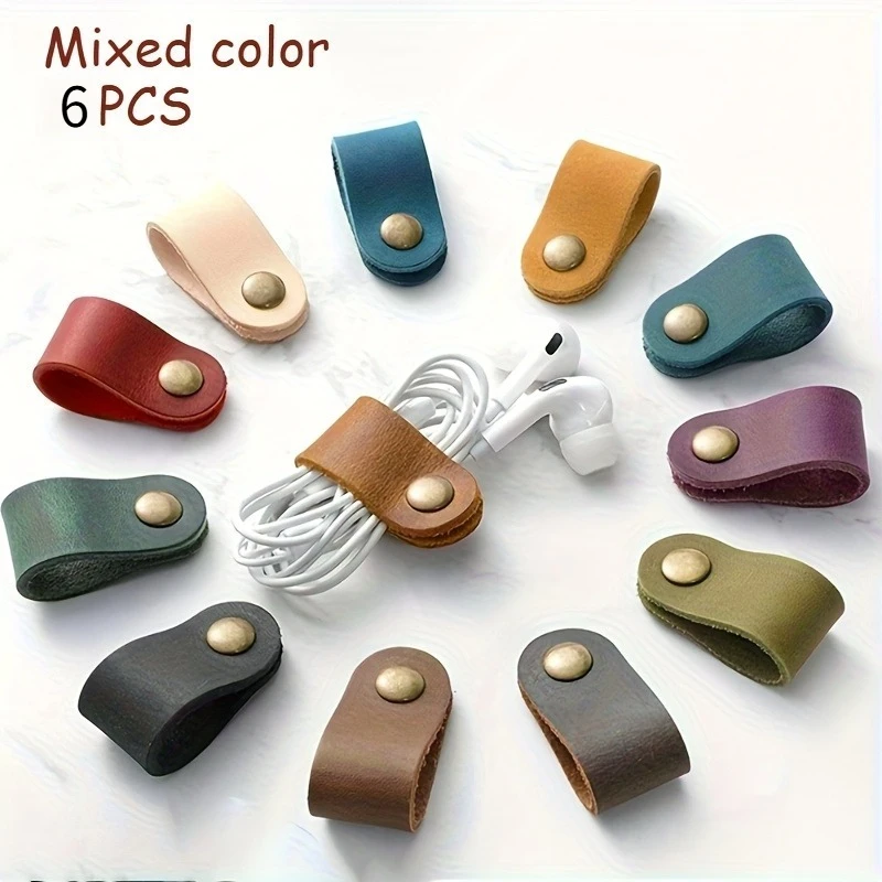 

Набор из 6 кожаных стяжек для кабелей из полиуретана, органайзеры для проводов наушников, разные цвета, прочная гибкая конструкция