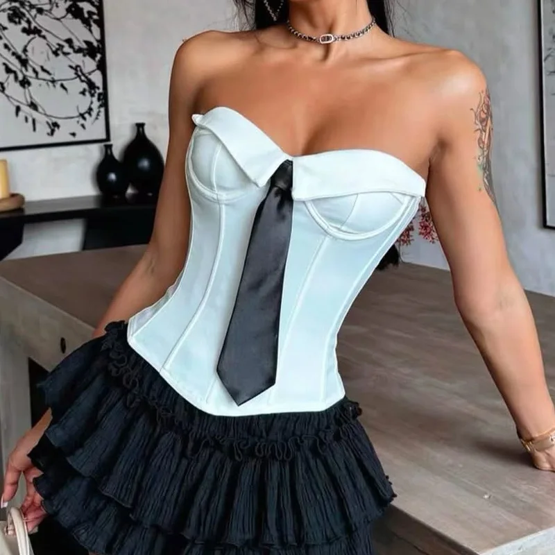 

Ins Street Style Hot Girl Tube Top Tie Pure Desire Solid Color Camisole Women Fishbone Waist Cincher