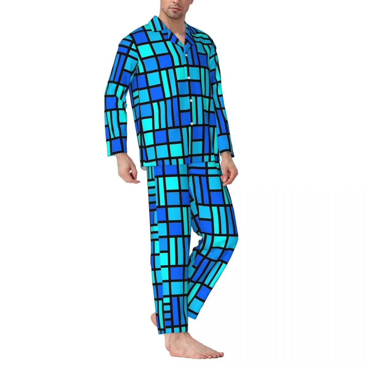 Blue Mondrian Stained Glass Print Sleepwear Spring Casual Oversized Pajama Sets Man Long Sleeves Fashion Night Design Home Suit