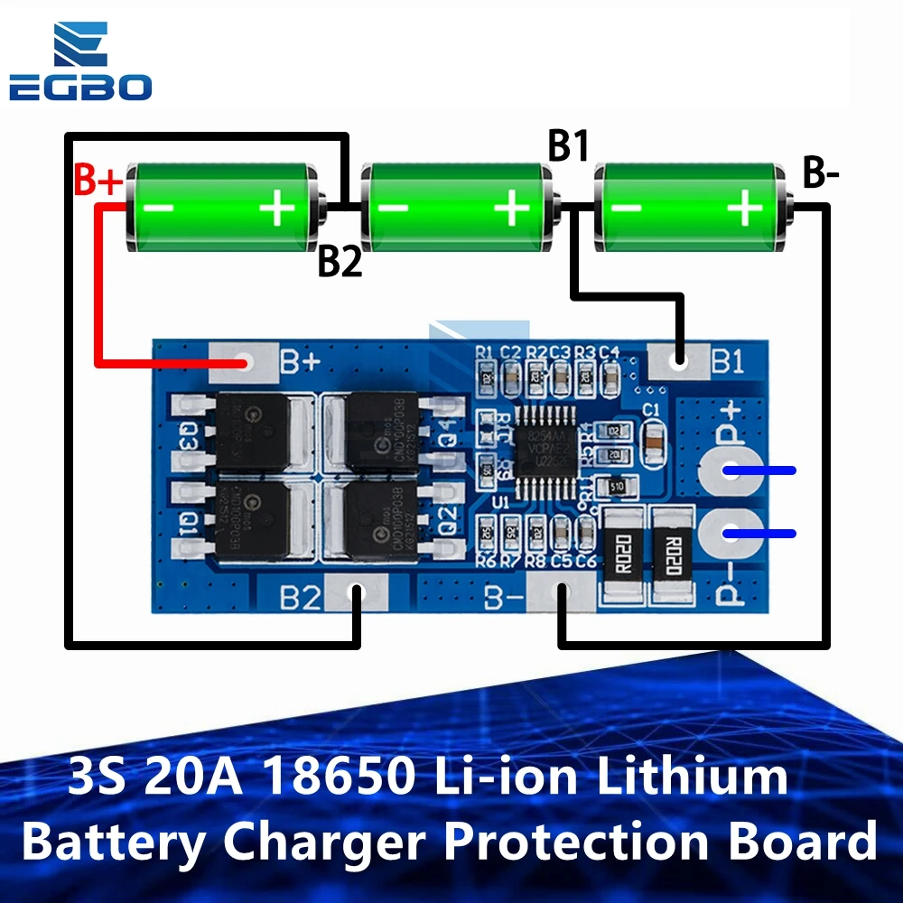 EGBO 3S 20A 18650 Li-ion Lithium Battery Charger Protection Board 10.8V 11.1V 12V 12.6V Electric 10A Lipo BMS PCB PCM Module