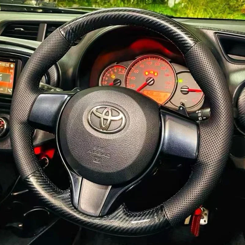 Hand Stitched Steering Wheel Cover for Toyota Vitz Yaris 2012-2019 Subaru Trezia Braid Carbon Fiber Leather Accessory