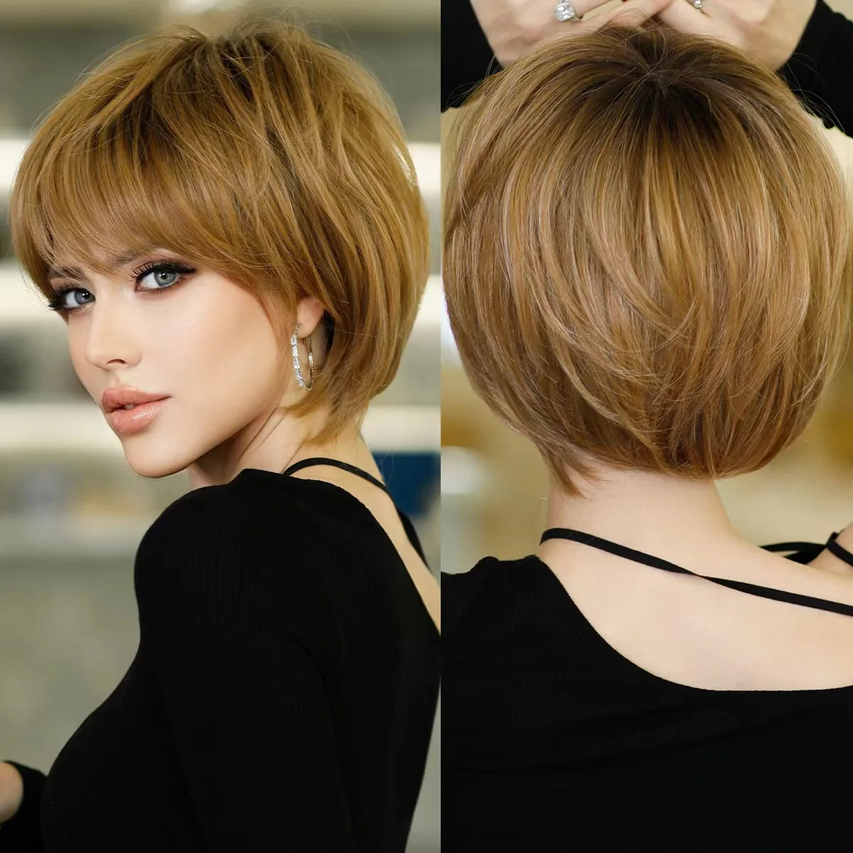 

Synthetic wig brown and fashion short wig with bangs for women