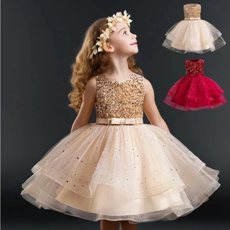 

XT8Sequin Birthday Party Dresses for Girls Sleeveless Tulle Elegant Princess Formal Prom Tutu Gown Kids Wedding Evening DreXT6@!