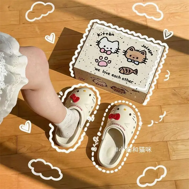 Anime Sanrio Hello Kitty Women Clogs Summer Outdoor Wear Thick‑Sole Cloud‑Feel Non‑Slip Closed‑Toe Slippers Cute Cartoon Lovely