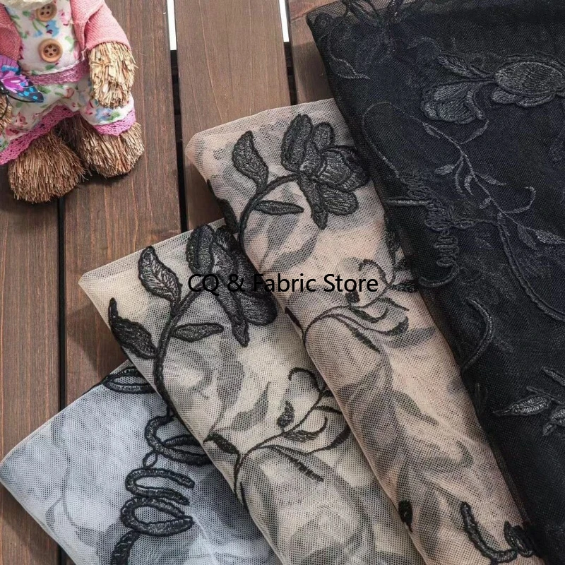 

New Black Floral Embroidered Mesh Lace Fabric For Wedding Dress Skirt Designer Fabric By The Yard