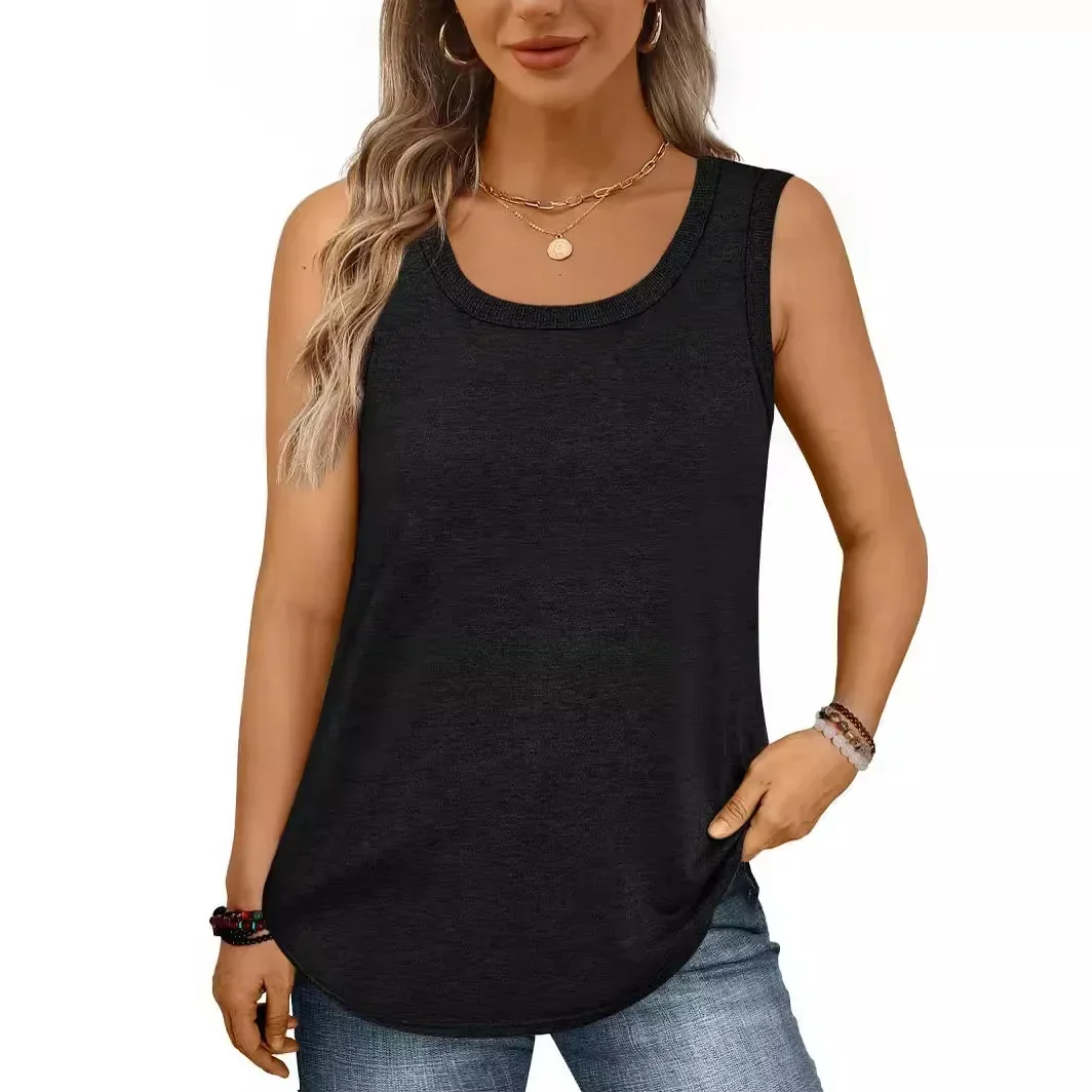 Pop Pop Loose Women's Sleeveless Round Neck Vest Summer Hot Sale Elastic Edge Detailing Cross-Border Polyester Fiber T-Shirt