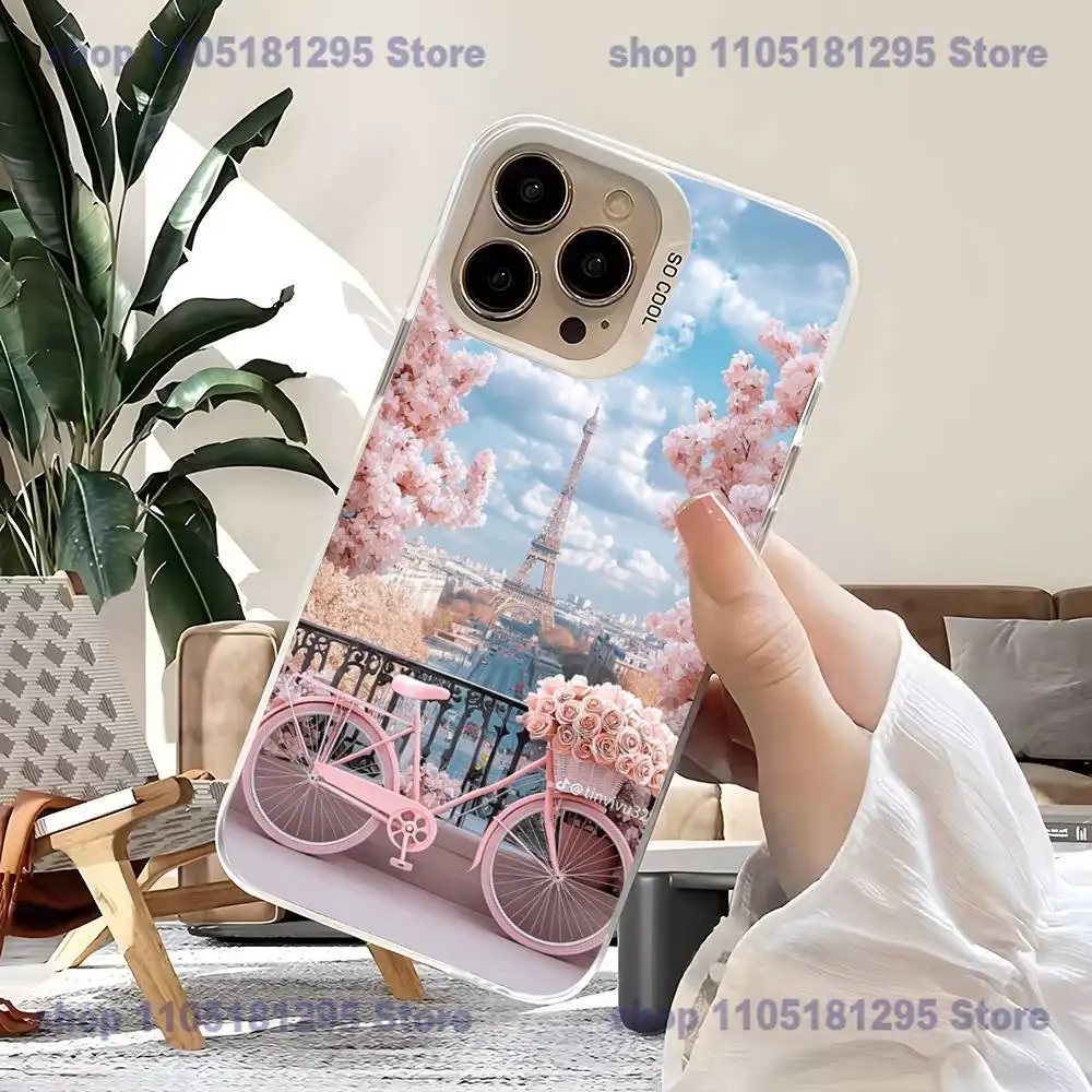 เคสโทรศัพท์ลายหอไอเฟล ปารีส สำหรับ iPhone17,16,15,14,13,12,11,Mini,Pro,SE,MAX,plus สีขาวด้าน ป้องกันการกระแทก