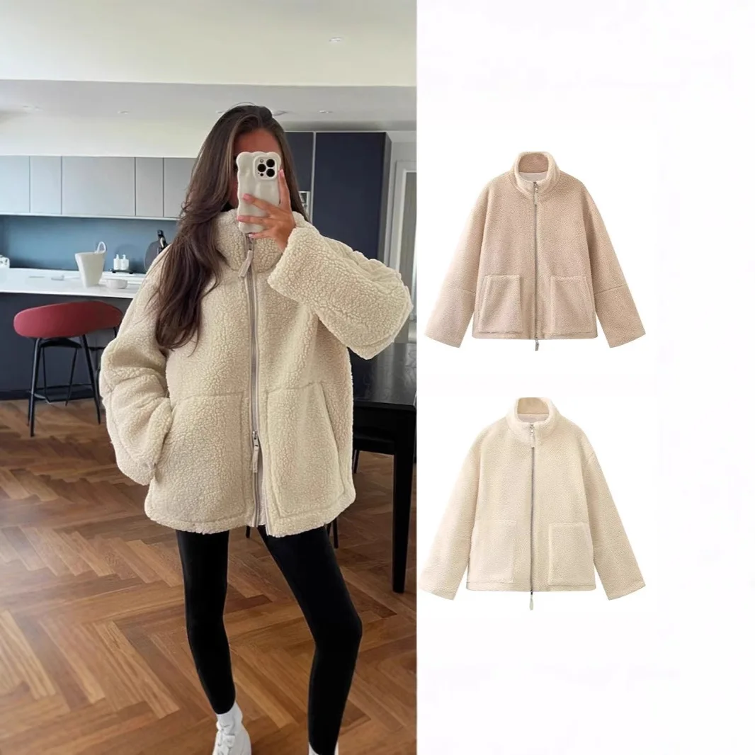 Chaquetas gruesas para mujer, abrigo de piel sintética con cuello alto, holgado, elegante Y2k, chaqueta peluda cálida con cremallera, ropa de calle para Otoño e Invierno