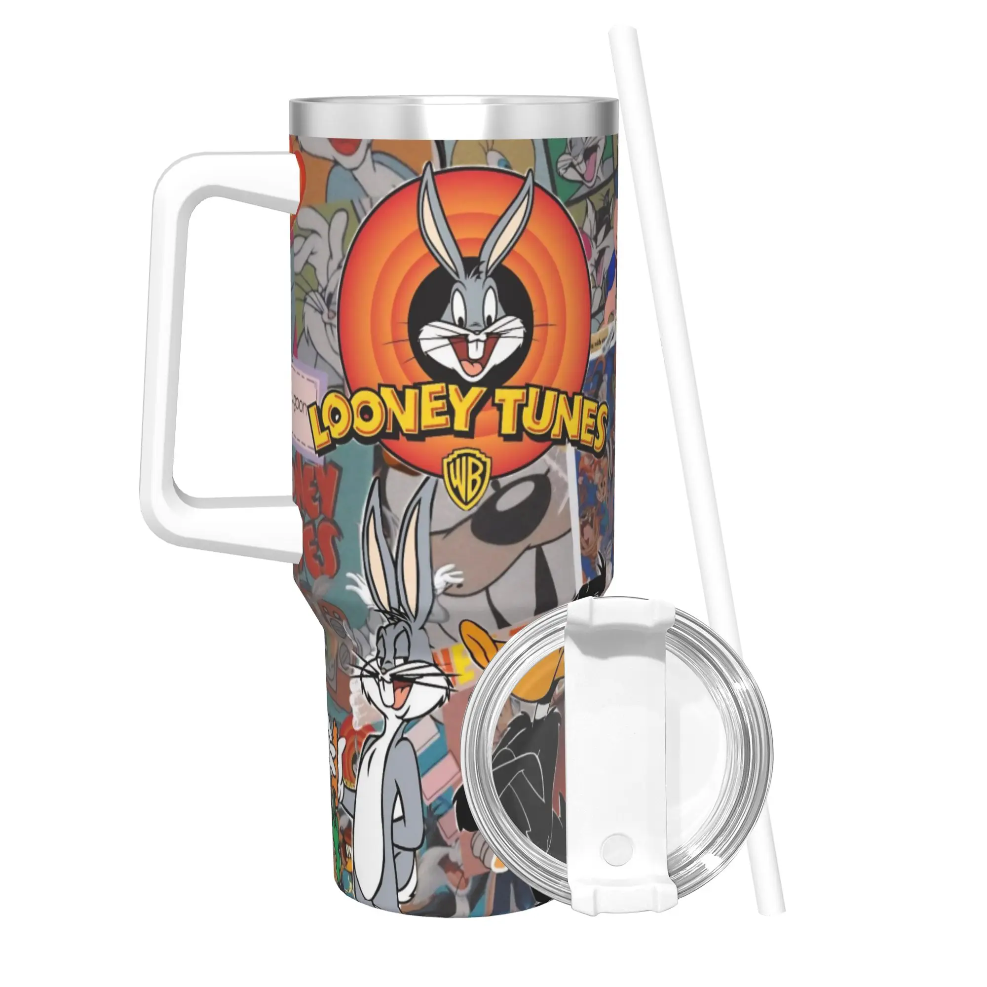 

Изолированный стакан Looney Tunes Bugs с кроликом и соломинкой, термокружка из нержавеющей стали для путешествий на открытом воздухе, чашки для горячих и холодных напитков, 40 унций