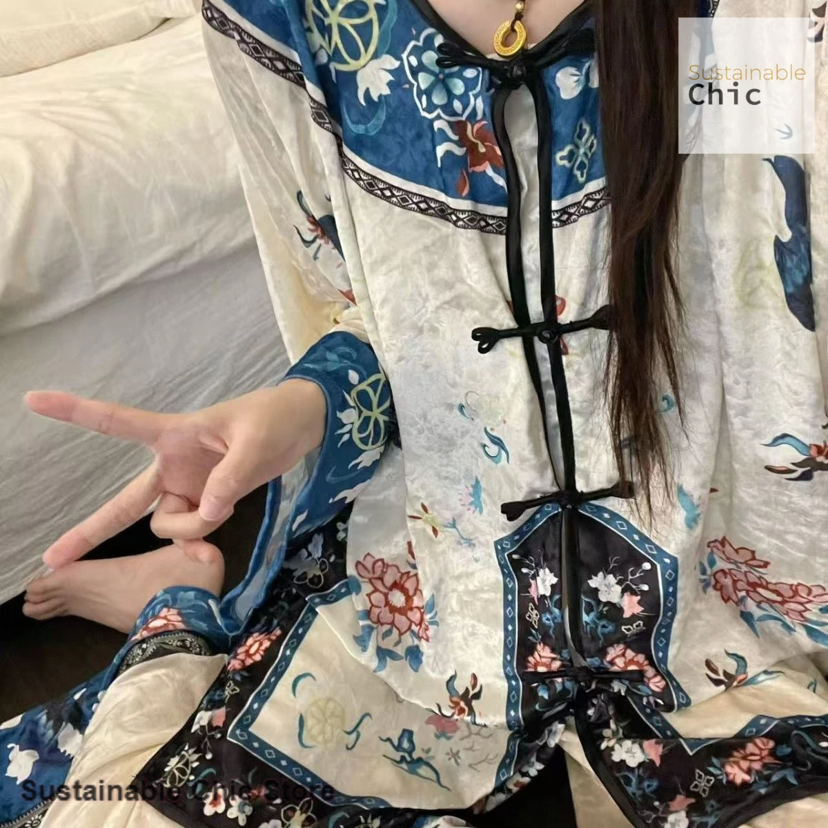 

Retro national wind jacquard velvet buckle long-sleeved pajamas women's spring and autumn plus size elegant home service suit