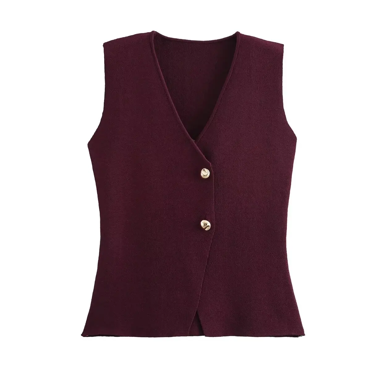 TRAF 2024 New Gold Button Knitted Tank Top Fashion Autumn Knitted Vest Casual Women  Simple Wear