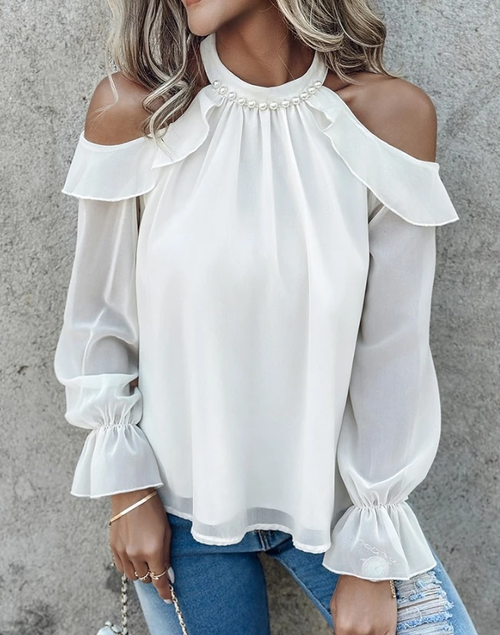 

2024 Spring Women Blouse Elegant Pearls Decor Ruffles Cold Shoulder Ruched Long Sleeve Top Plain Casual Loose Chiffon Shirt Tops