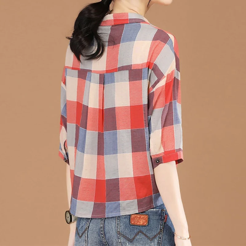 Office Lady Casual Plaid Printing Drawstring Button Shirt Summer 2023 Commute Polo-Neck Short Sleeve Loose Tops Women\'s Clothing