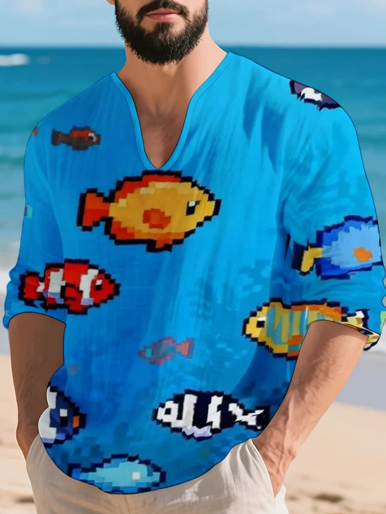 Men Henley‑Neck Shirt Retro Pixel Tropical Fish Print Long Sleeve V-neck Beach Vacation Top Oversized Holiday Chic Tunics