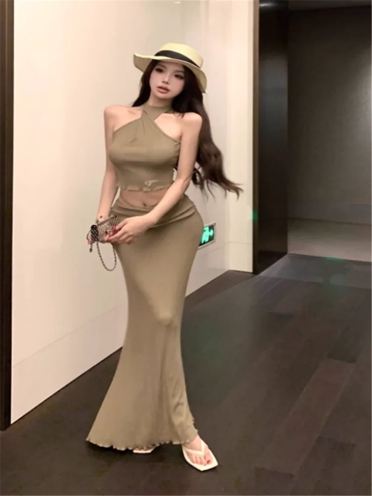 Conjuntos de dos piezas de punto ajustados para chica picante, camisola corta ajustada con cordones en la espalda, Top y falda larga de tubo de cintura baja