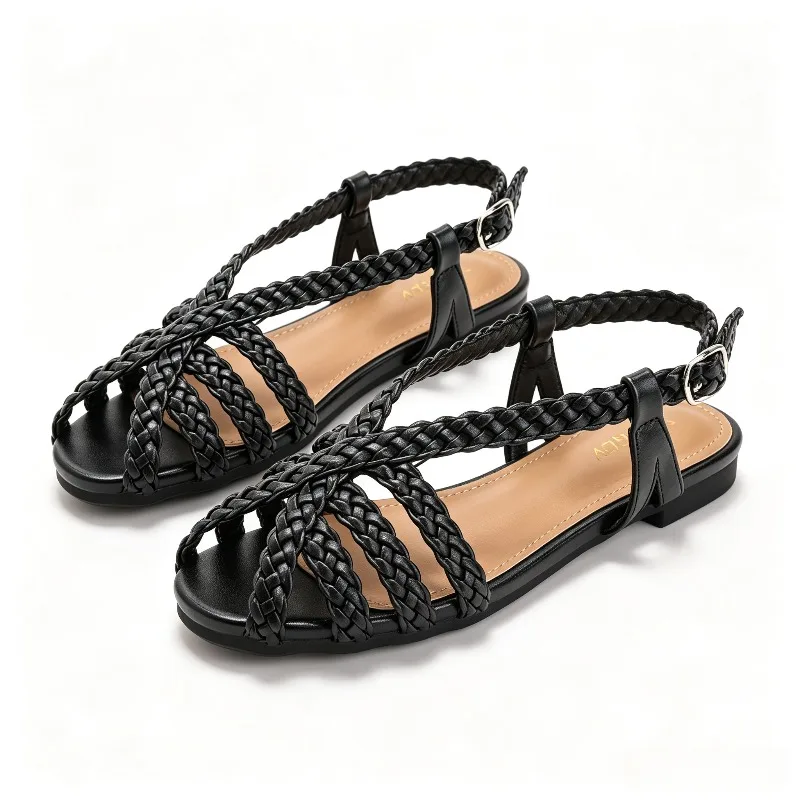 Roman-Style Hollow Woven Flat Sandals for Women Sexy Open-Toe Back-Strap Buckle Designer Sandals Summer Vacation Beach Sandals