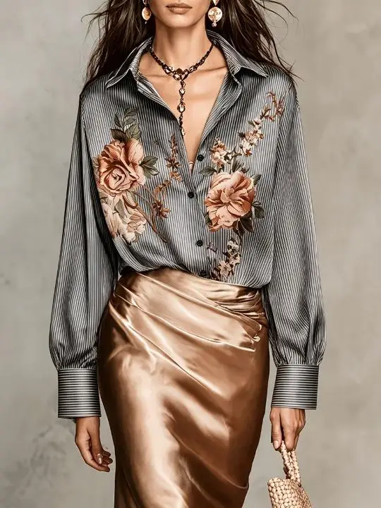 Women Vertical Stripe Floral Rose Print Lapel Collar Long Sleeve Shirt Loose Button Down Office Casual Blouse Tops
