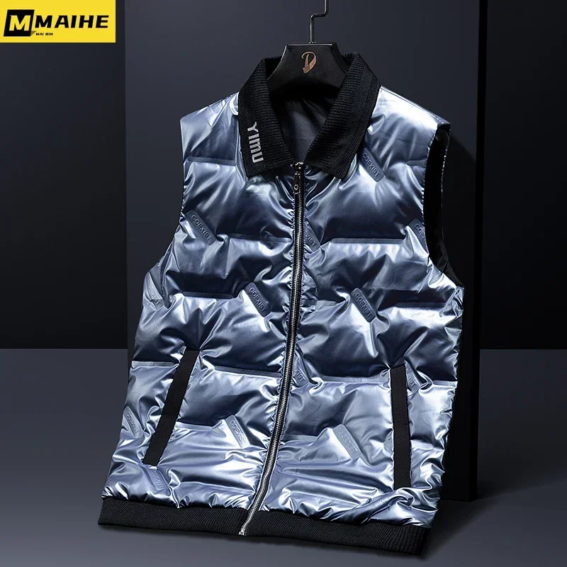 Brand Winter Sleeveless Down Jacket Men\'s Casual Lapel Bright Waterproof Warm Vest Men\'s Lightweight White Duck Down Vest Coat