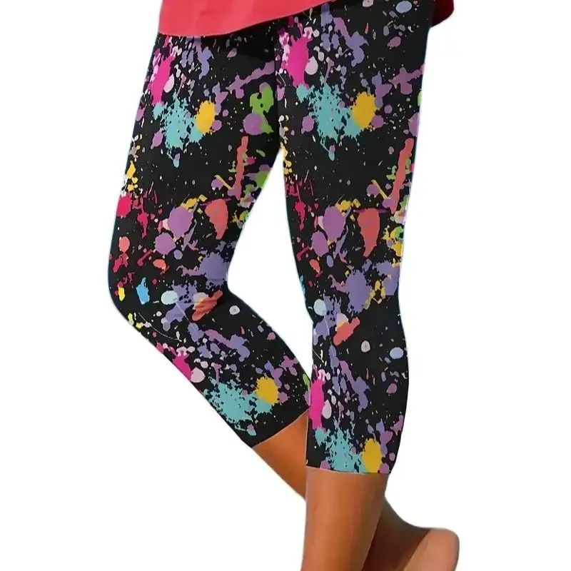 Art dye print stretch slim elastic waist tight casual leggings capri pants women