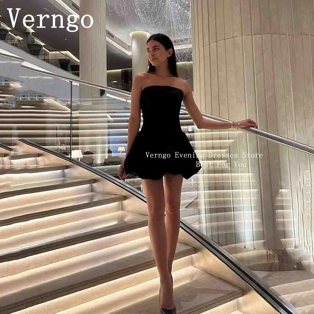 

Verngo Simple Satin Mini Party Dress Classy Black Short Cocktail Dress For Women 2024 Strapless A Line Spain Formal Dress