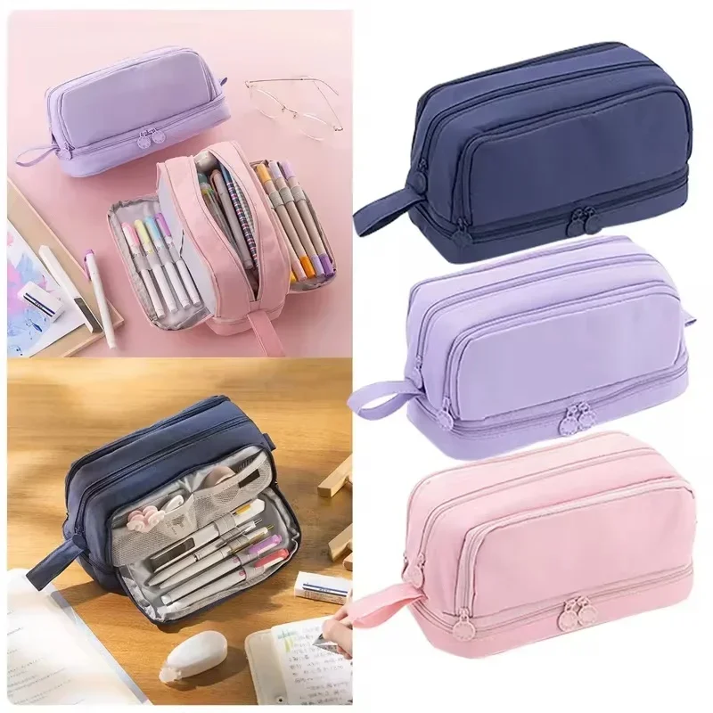 Large Capacity Pencil Case Simple Solid Color Stationery Box Double Layer Multifunctional Pen Pouch Students School Supplies