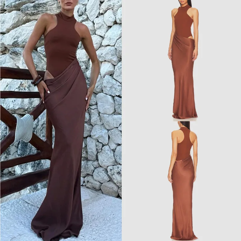 Sexy Slim Patchwork Coffee Colored Women Dress Summer Retro High Necked Sleeveless Long Dress Vacation Party Bag Buttocks Skirt