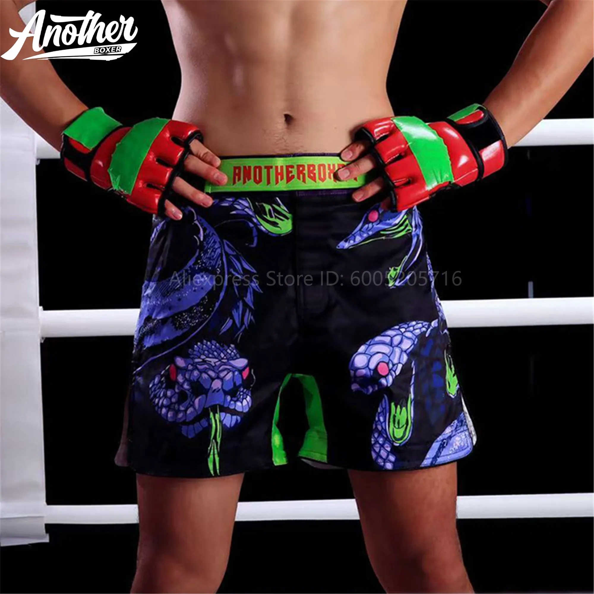 ANOTHERBOXER Print Muay Thai Pants, Kickboxing Fight Shorts Men Professional Competition Grappling Training Boxing Shorts