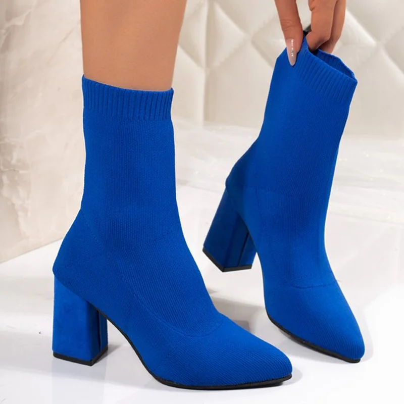 Bottines à talons épais bleues - Sock Boot Women avis et prix