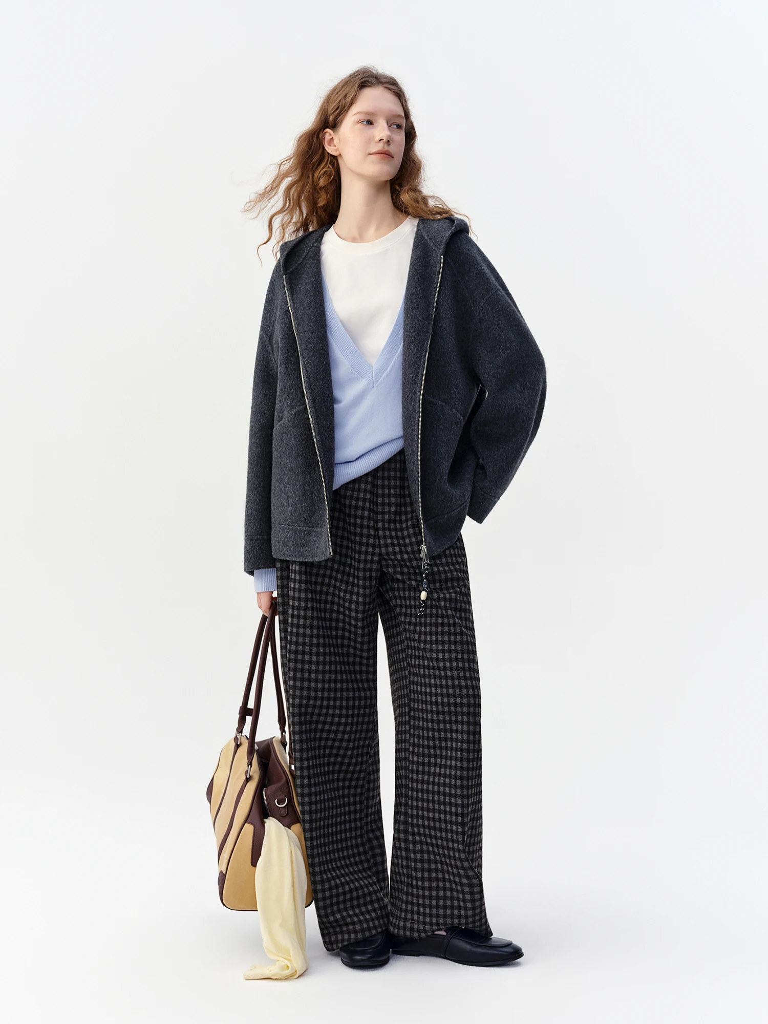 DUSHU 2026 Winter Women's Relaxed Hooded Zip-Up Double-Faced Wool Coat - Chic Versatile Casual for Commute Daily Wear