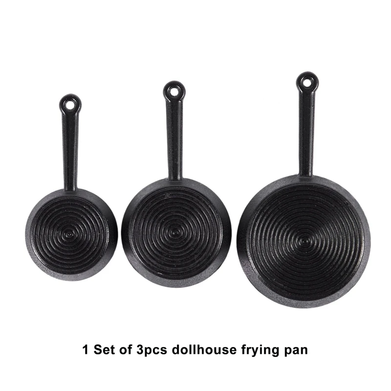 1/12 Scale 3pcs Dollhouse Miniature Metal Frying Pans Cooking Pot Cookware Kitchen Accessory Black