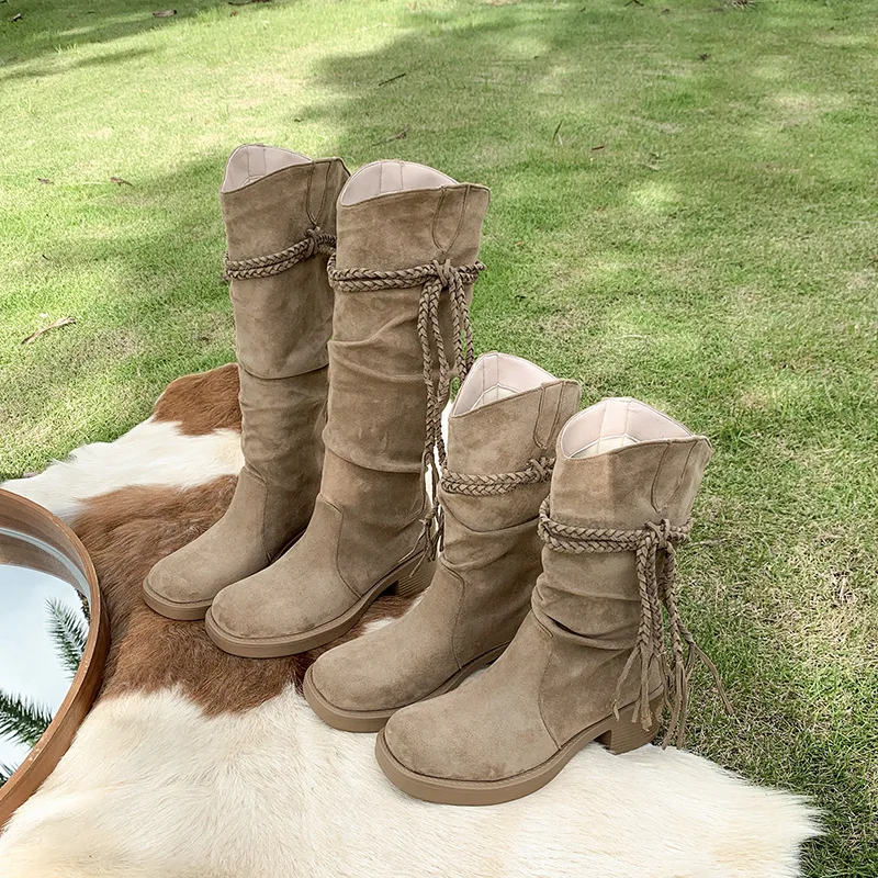 

High Quality Suede Cowhide Women Boots Fashion Designer Pleated Stack Boot Knee-high Knight Boots for Women Mid-calf Boots Botas