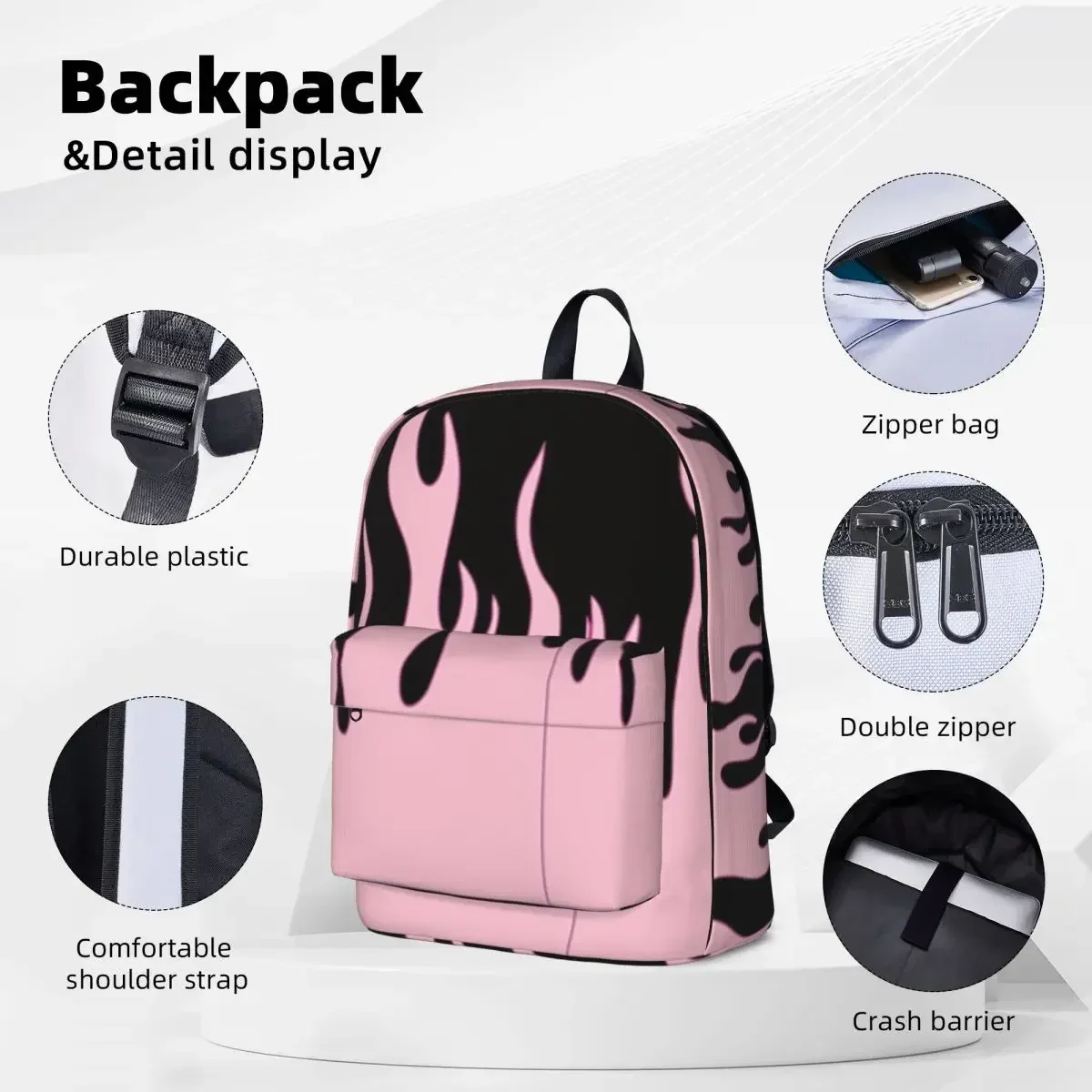 Pink Flame Backpack Waterproof Student School Bag Laptop Rucksack Travel Rucksack Large Capacity Bookbag