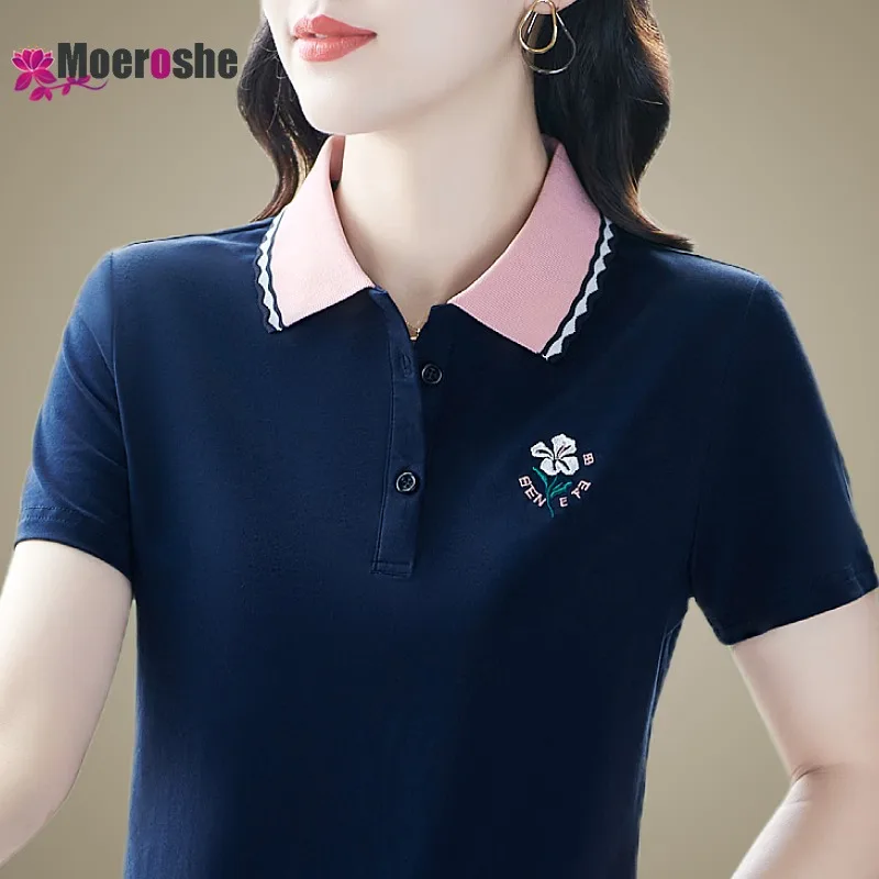 

Summer Women's Cotton Polo Shirt T-shirt Elegant Shirts Woman Short Sleeve Tee Ladies Youth 2024 Golf Wear Crop V Neck Sleeved