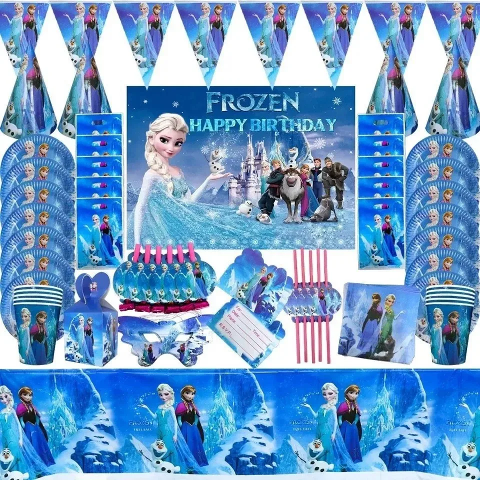 Décorations de fête d'anniversaire congelées, vaisselle en papier, assiettes, gobelets, reine des neiges, décoration d'arrière-plan, ballons, fournitures