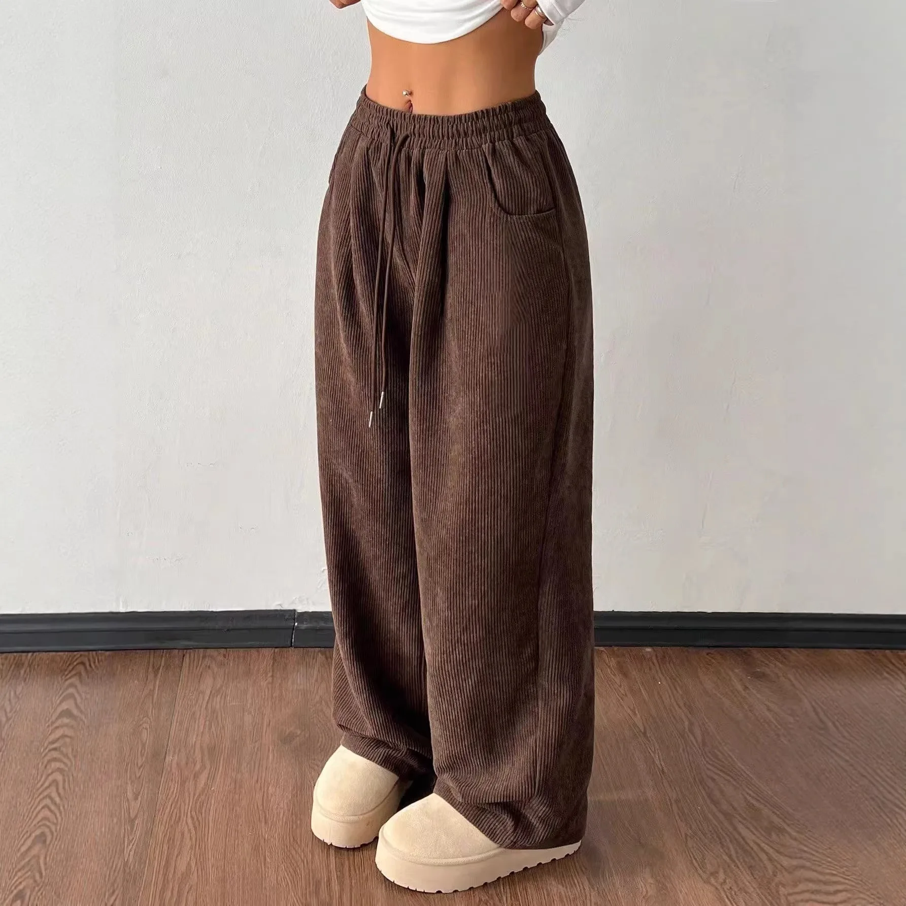 Women's Corduroy Wide Leg Pants Autumn Winter Thick Solid Color Micro Elastic Drawstring Loose Edition Retro Casual Day Pants