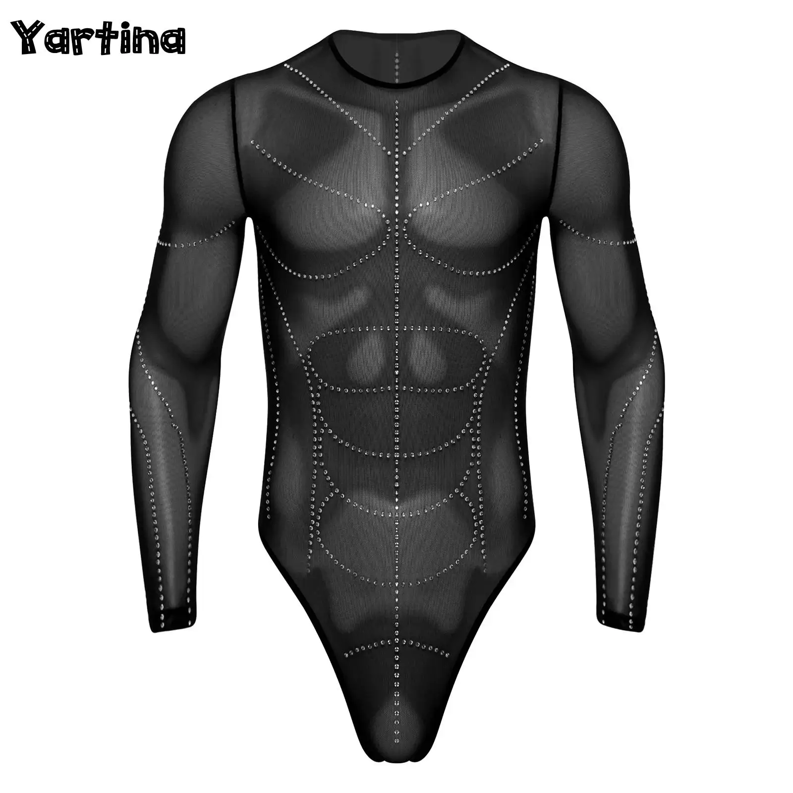 

Mens Sexy Cosplay Costumes Long Sleeve Rhinestone T-back Thong Bodysuit Playsuits Overalls Shaping Muscle Lines Leotard Jumpsuit
