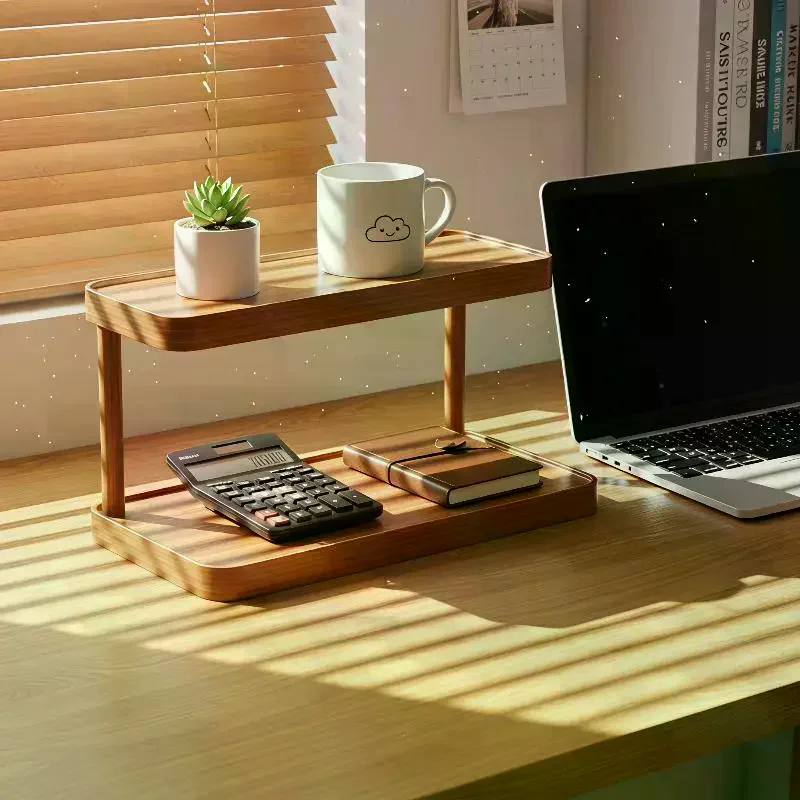 Wooden 2/3 Tier Desktop Storage Shelf Sturdy Frame Large Storage Space Home Office Study Organization