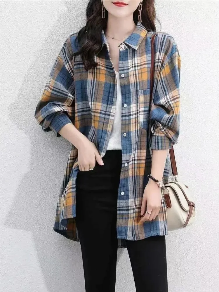 Plus size feminino puro algodão xadrez irt midi solto emagrecimento topo na moda commute coreano sle longo gola sve