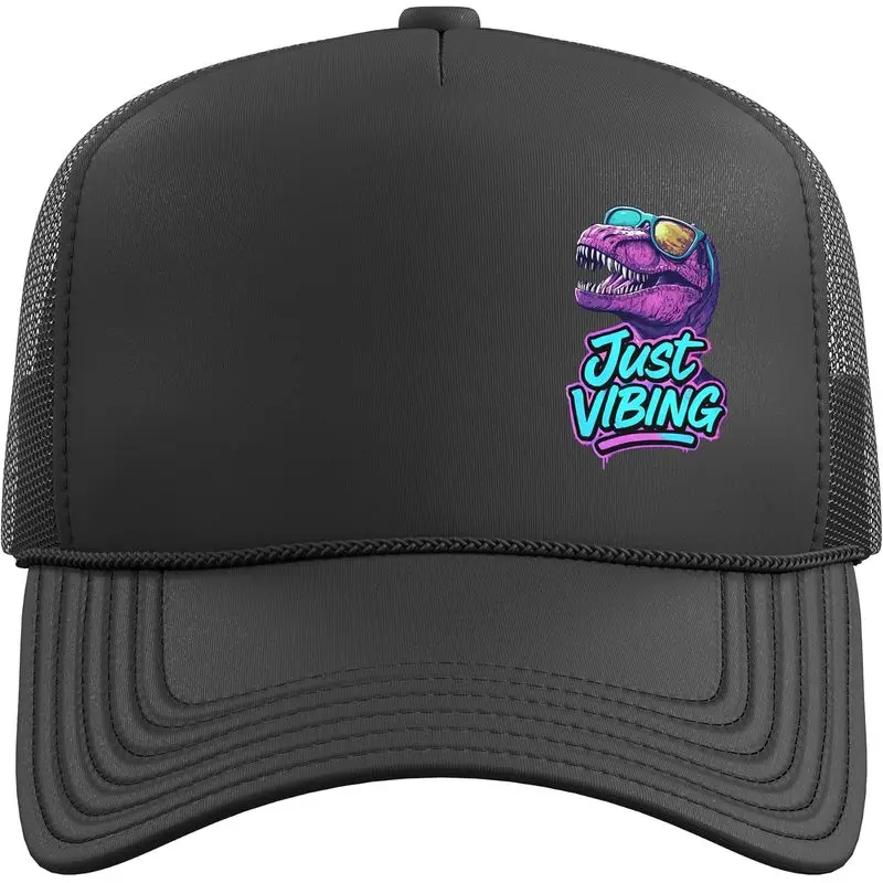 Just Vibing T-Rex Dinosaur Purple, Pink and Teal Graphic Trucker Hat with Adjustable Mesh Back