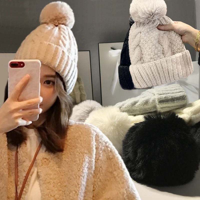 2024 New Winter Twist Knitting Hat For Women Fur Pompom Thick Plush Cap Beanie Solid Color Ladies Warm Ski Snow Skullies Beanies