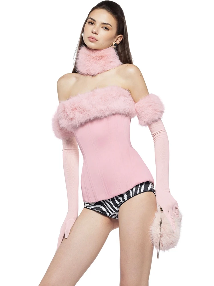 

Nibber Patchwork Furry Strapless Tops Women Christmas Sexy Long Gloves Matching Birthday Party Luxury Classic Midnight Clubwear