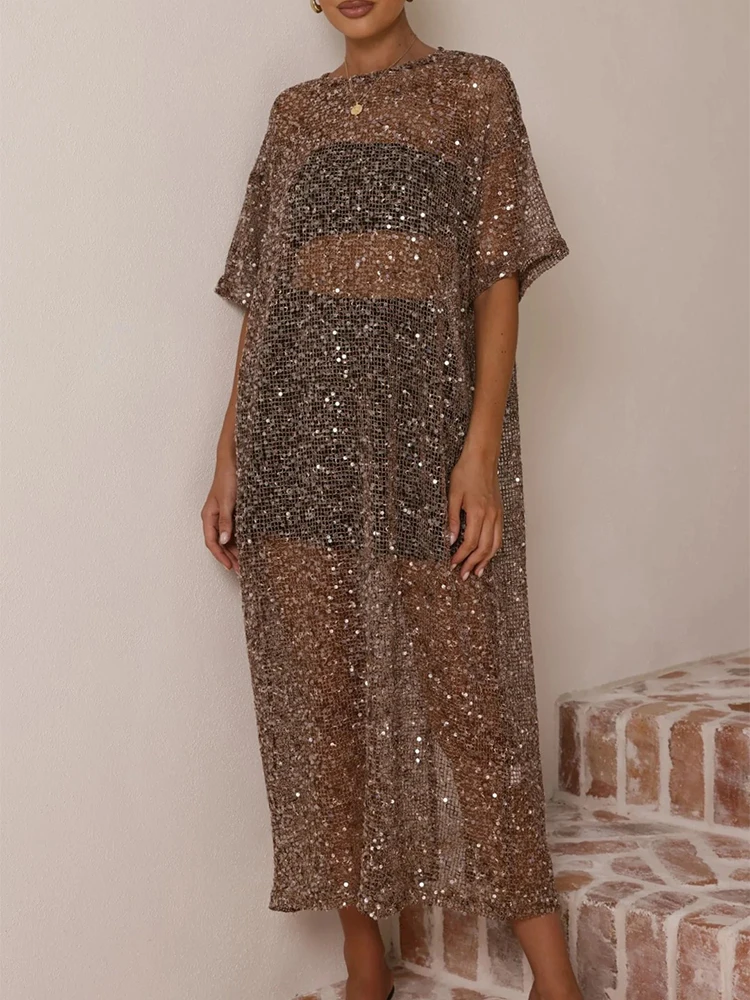 

Модное блестящее платье с пайетками, однотонное, свободного кроя, для вечеринок, женское, сексуальное, прозрачное, пляжное, длинное, элегантное, с круглым вырезом, с вырезами, как накидка