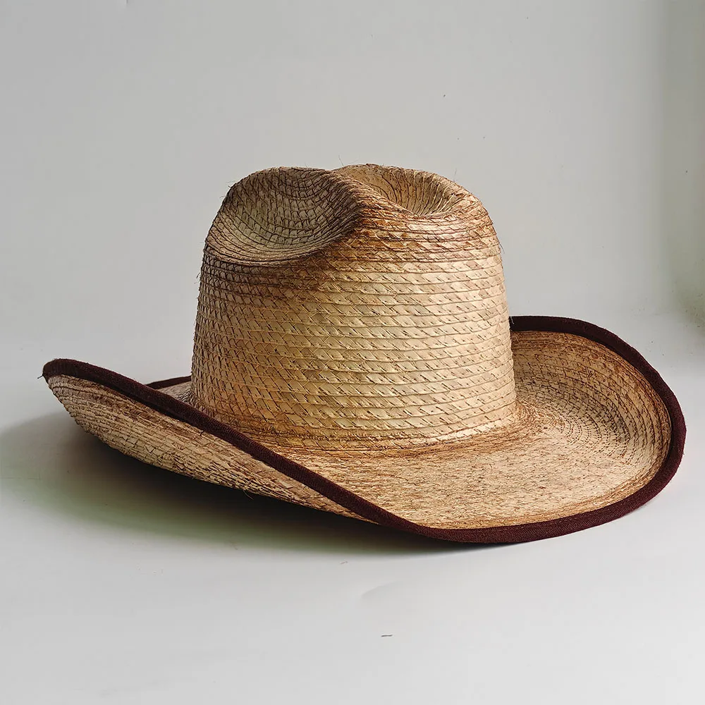 Vintage Distressed Straw Cowboy Hat for Men Women Burnished Palm Leaf Cowgirl Hat Wide Brim Summer Sun Hat Western Sombrero