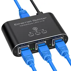 Ethernet LAN Splitter com USB-C Cabo de Alimentação, LAN Switch, 1 a 3, 1000 Mbps, Alumínio Network Splitter, Gigabit Ethernet Switch