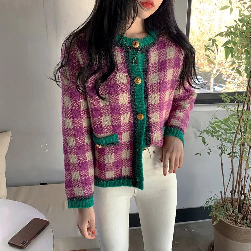 Arazooyi 2023 Korean Spring Knitted Sweaters Lady Vintage Plaid Knit Cardigan Female Fashion Sweater Coat for Women Clothing