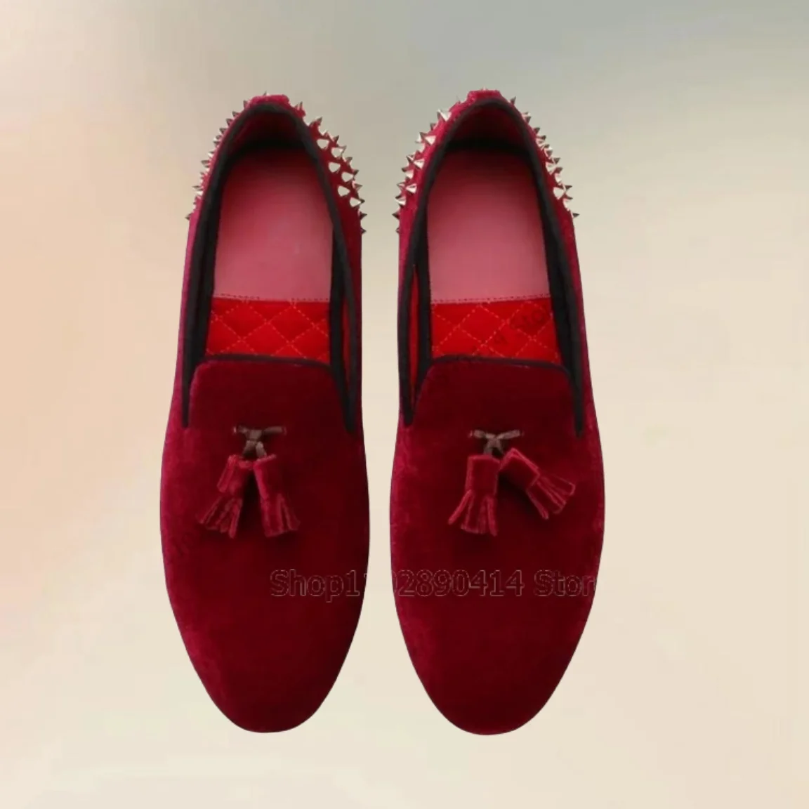 

Burgandy Tassels Decor Back Rivets Loafers Fashion Slip On Men Casual Shoes Luxury Handmade Party Feast Wedding Men Dress Shoes